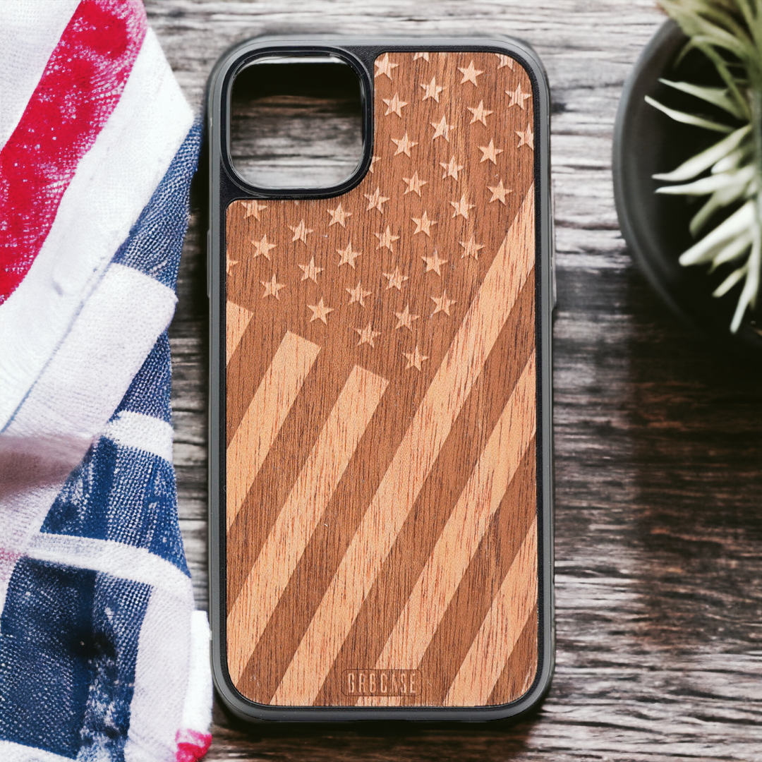 Tilted American Flag – GR8CASE Wood Phone Case