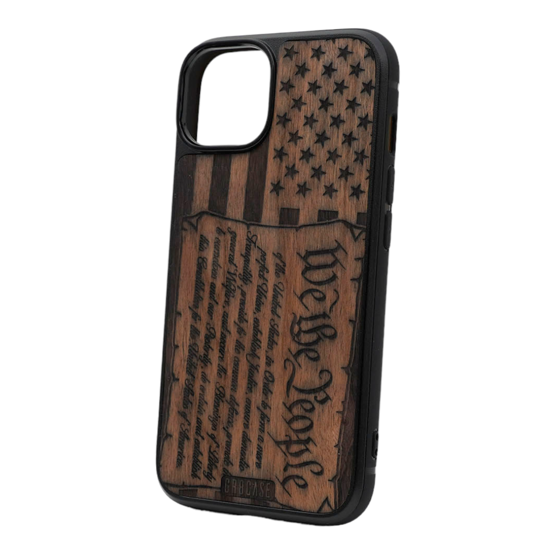 Constitution We The People On American Flag Design Wood Case For iPhone 14 Plus