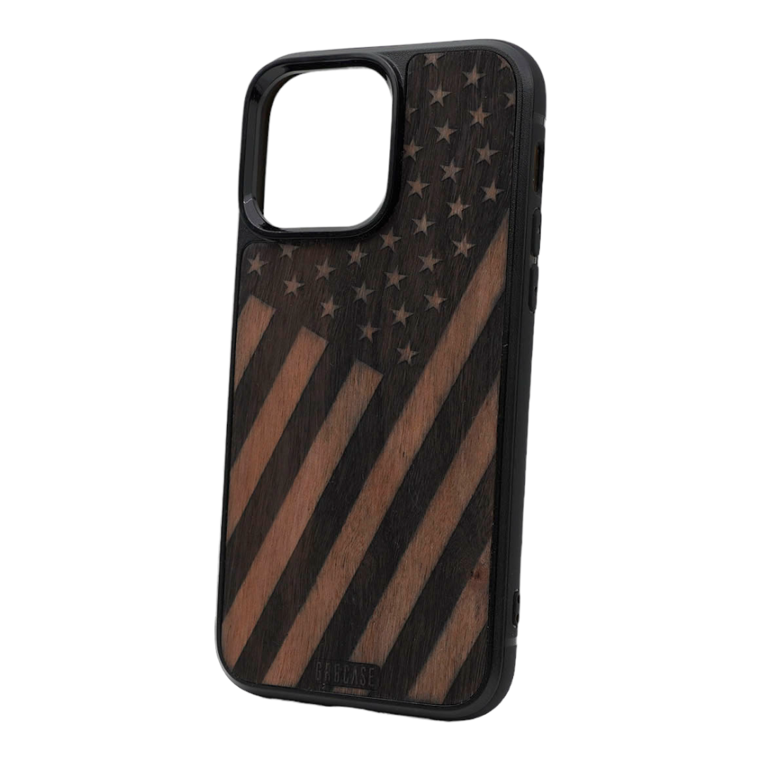 Tilted American Flag Design Wood Case For iPhone 14 Pro Max