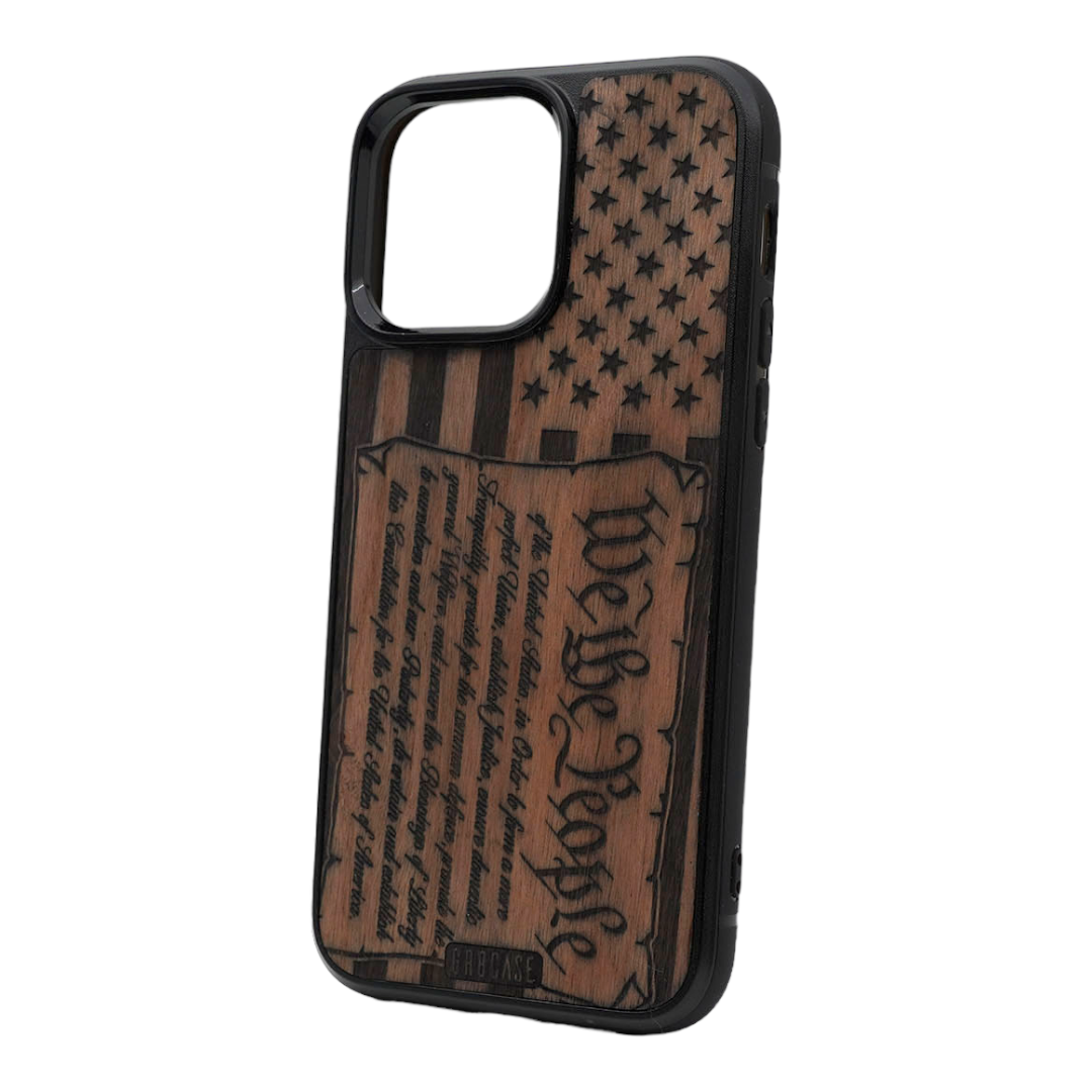 Constitution We The People On American Flag Design Wood Case For iPhone 14 Pro Max