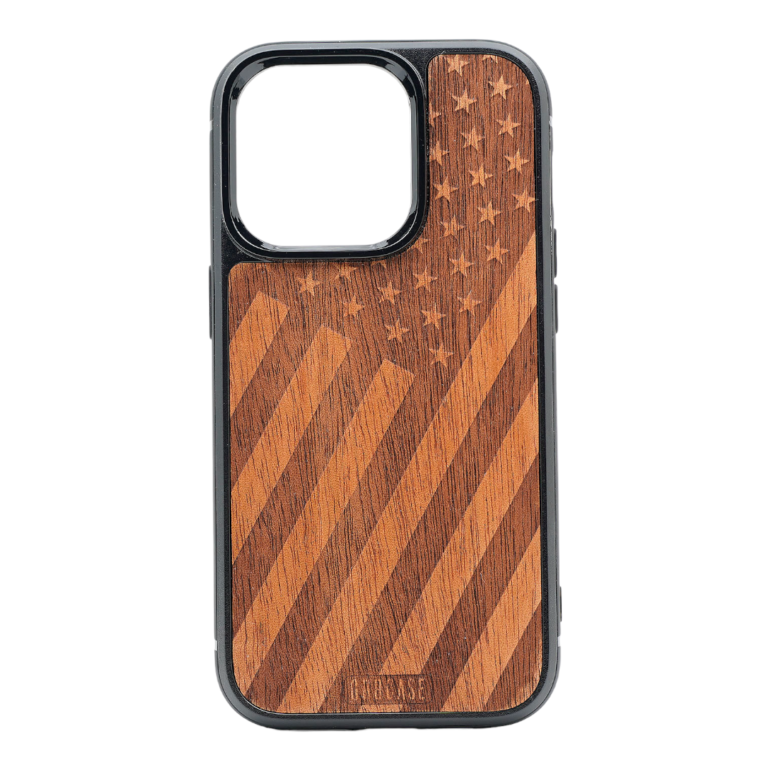 Tilted American Flag Design MagSafe Compatible Wood Case For iPhone 16 Pro