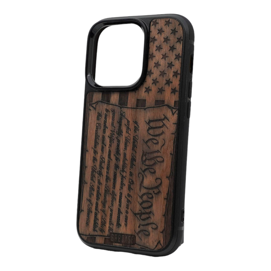 Constitution We The People On American Flag Design Wood Case For iPhone 14 Pro