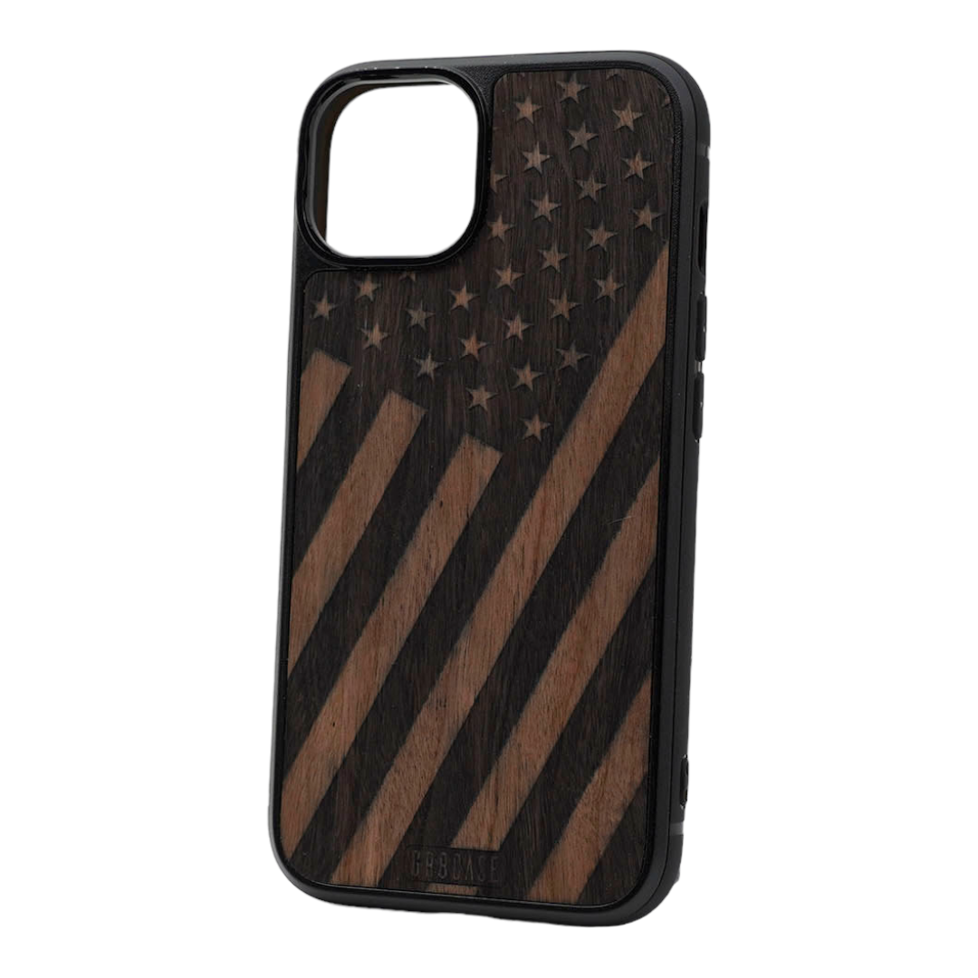 Tilted American Flag Design Wood Case For iPhone 14