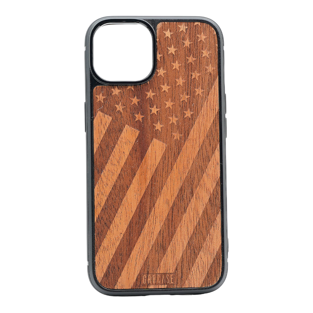 Tilted American Flag Design Wood Case For iPhone 14