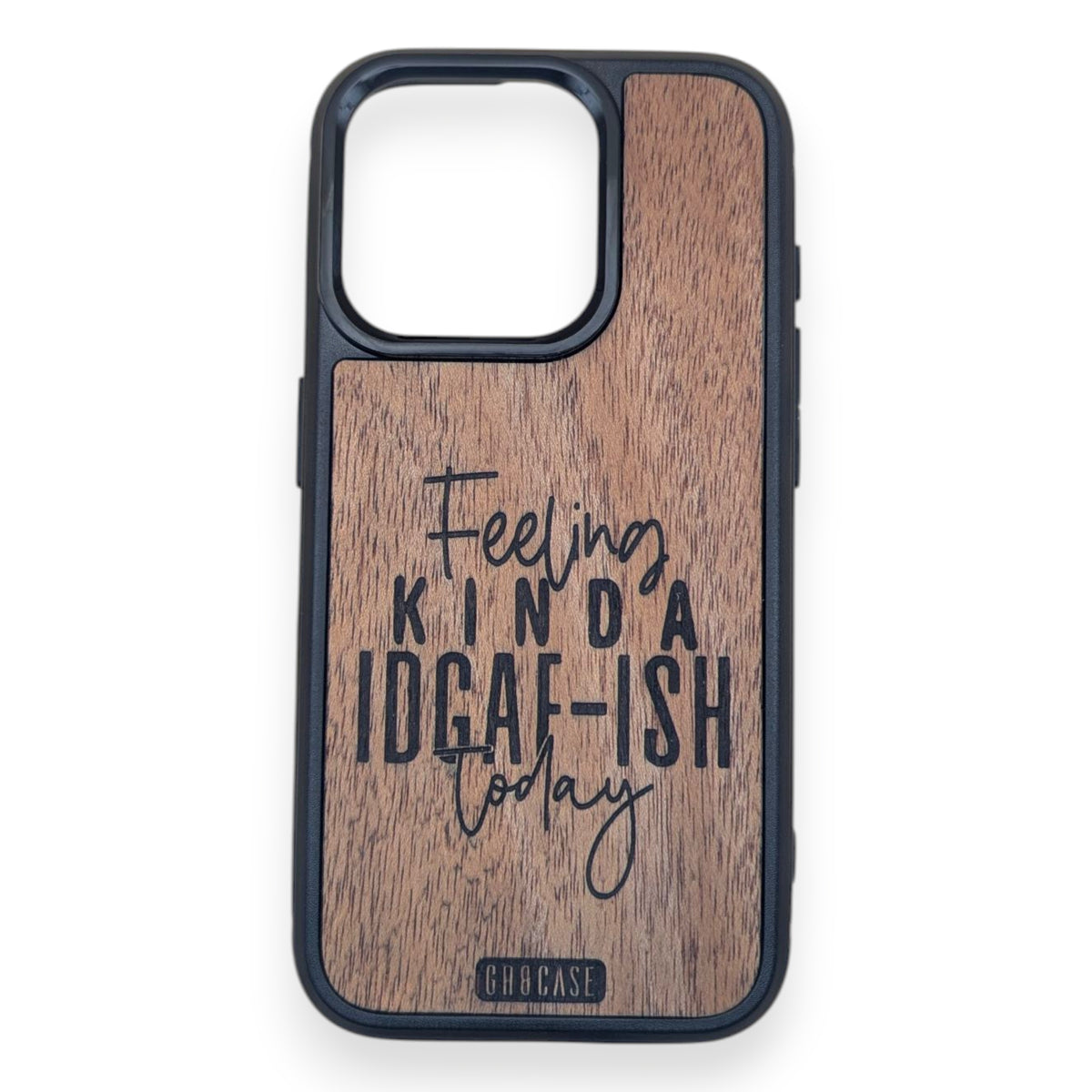 IDGAF-ish engraved wood phone case with sarcastic fish design on real hardwood