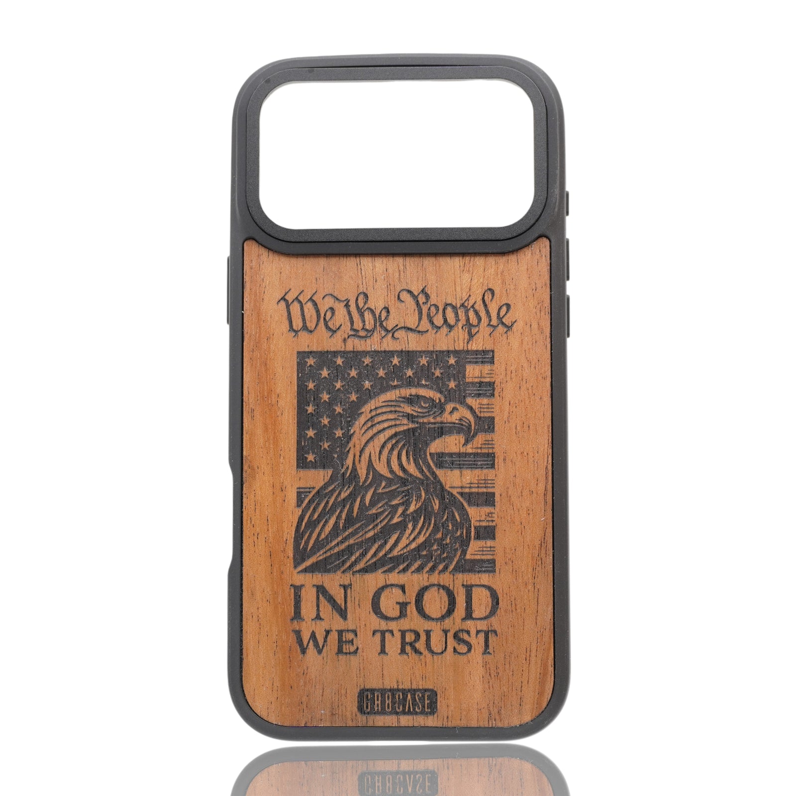 Liberty Eagle engraved wood phone case with American flag and eagle design