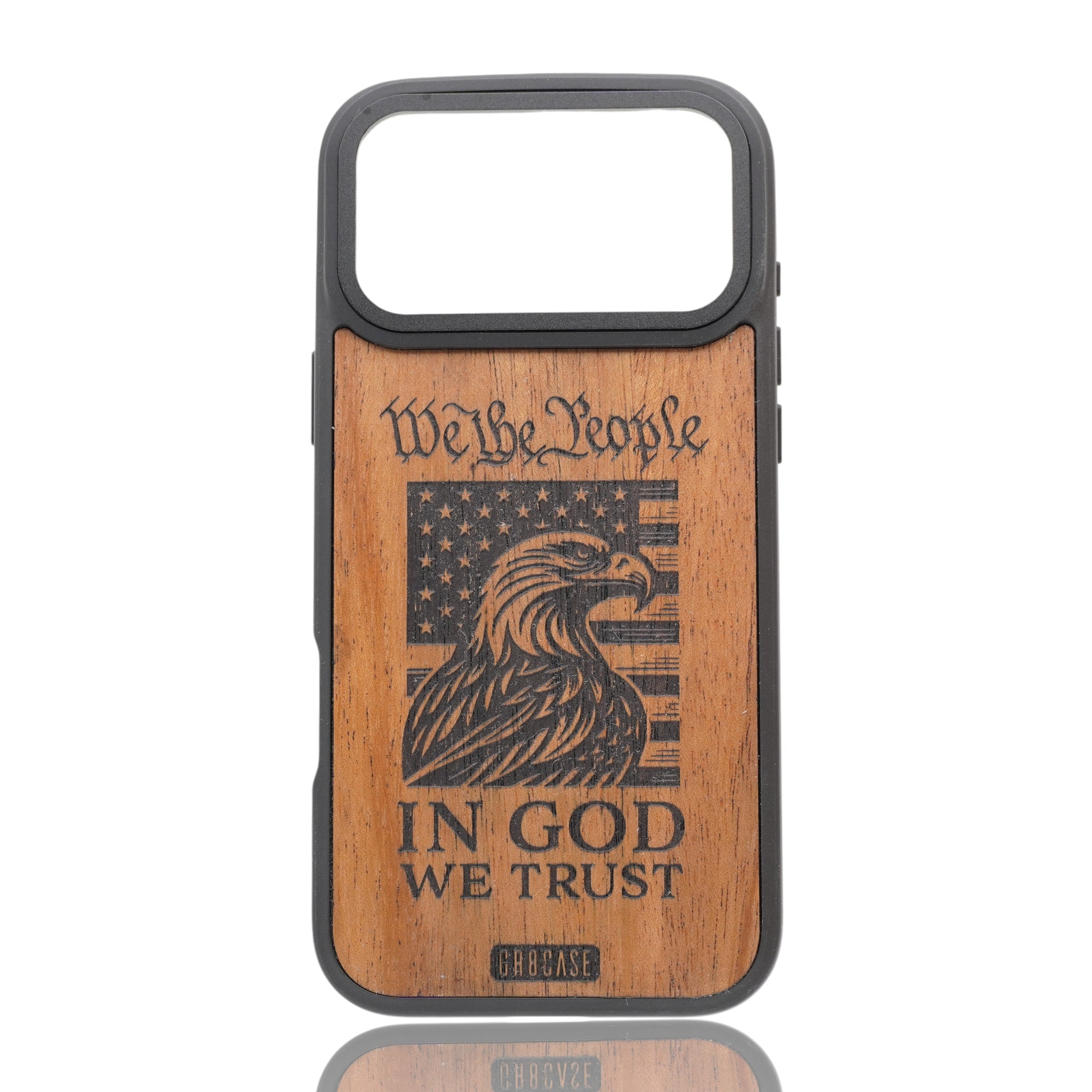 Liberty Eagle engraved wood phone case with American flag and eagle design