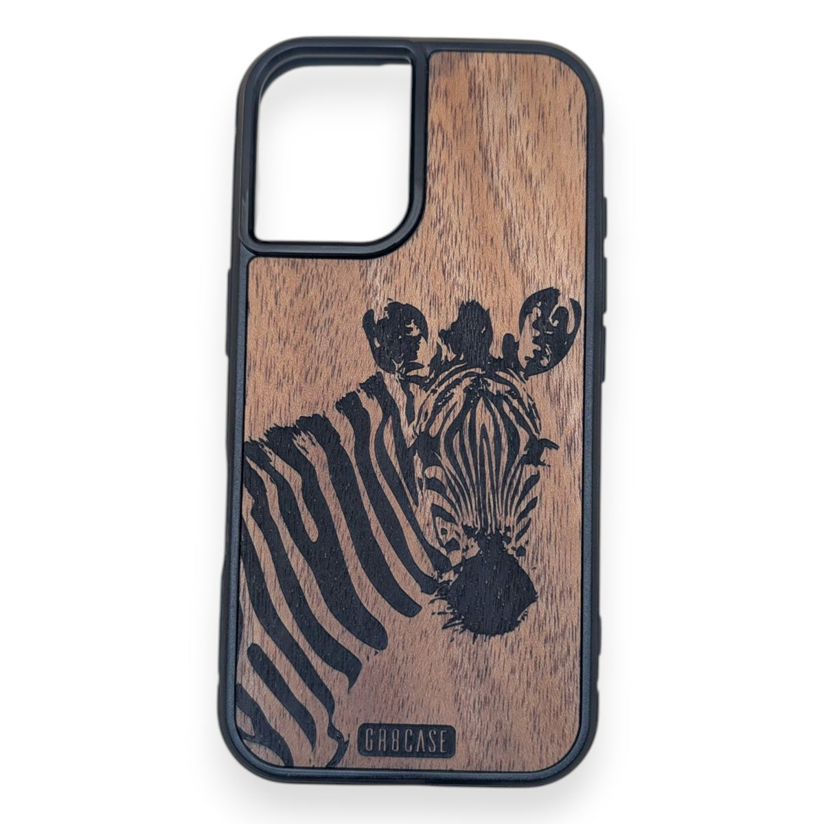 Hand drawn zebra laser engraved on rustic GR8CASE wood phone case in cherry or black wood