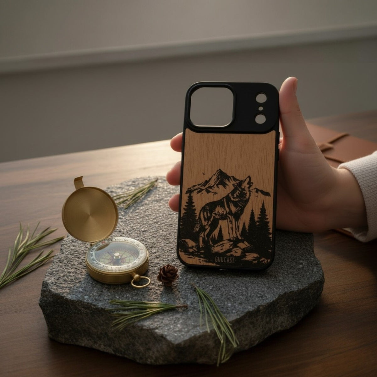 The Midnight Anthem | Howling Wolf &amp; Mountain Landscape | GR8CASE Wood Phone Case