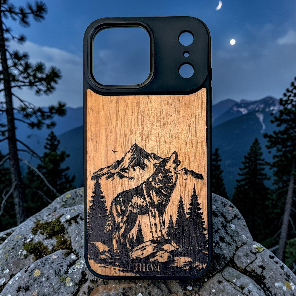 The Midnight Anthem | Howling Wolf &amp; Mountain Landscape | GR8CASE Wood Phone Case
