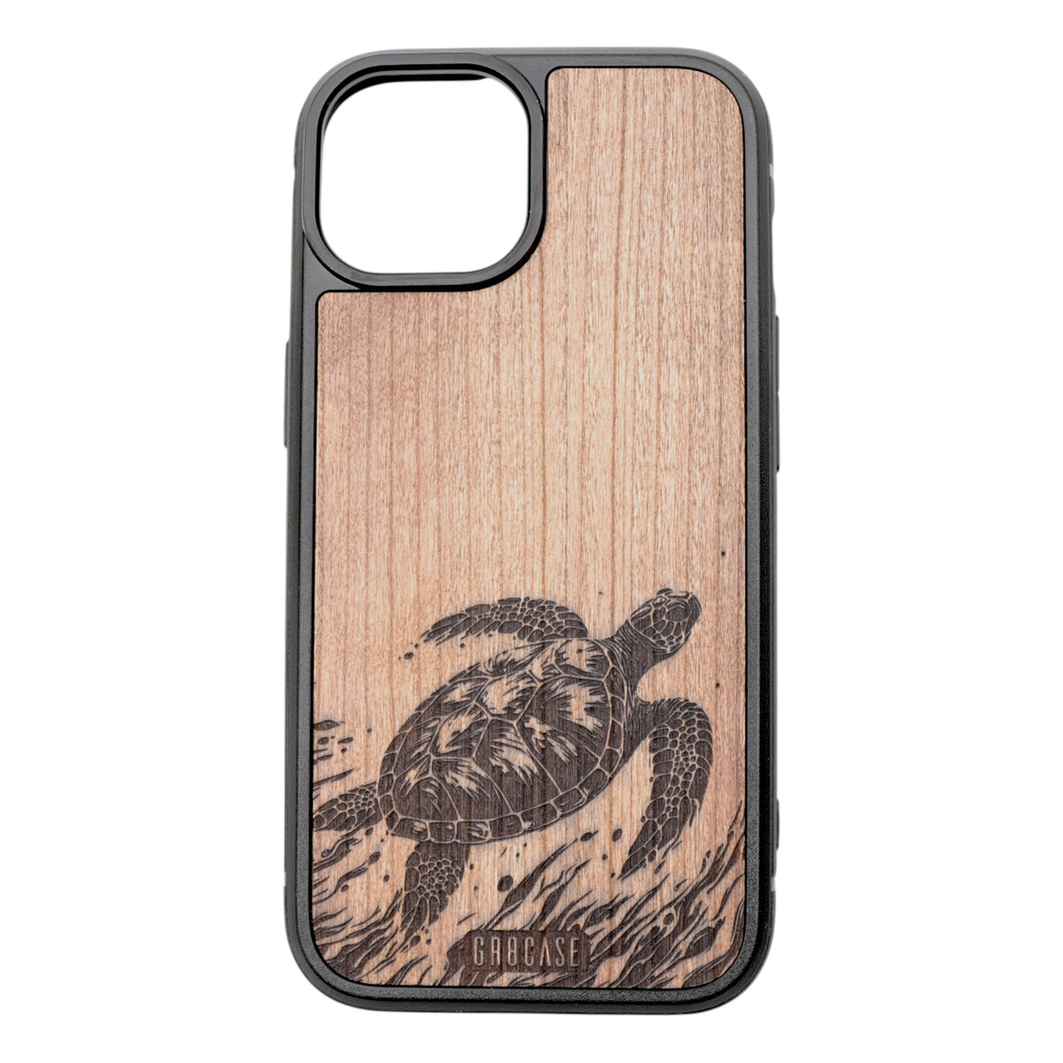 Rustic wood phone case with engraved ocean turtle design in cherry, mahogany, birch,