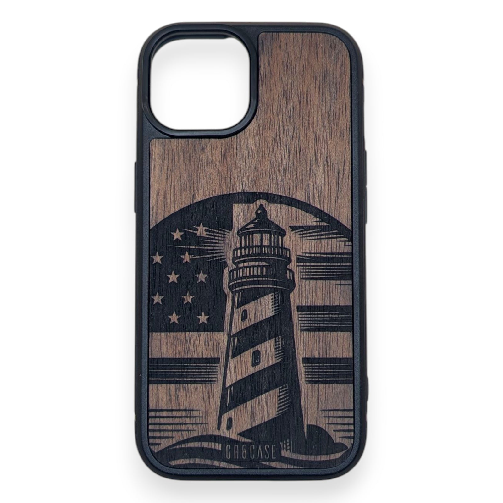 Lighthouse and American Flag Engraved GR8CASE Wood Phone Case – Patriotic Handmade Gift