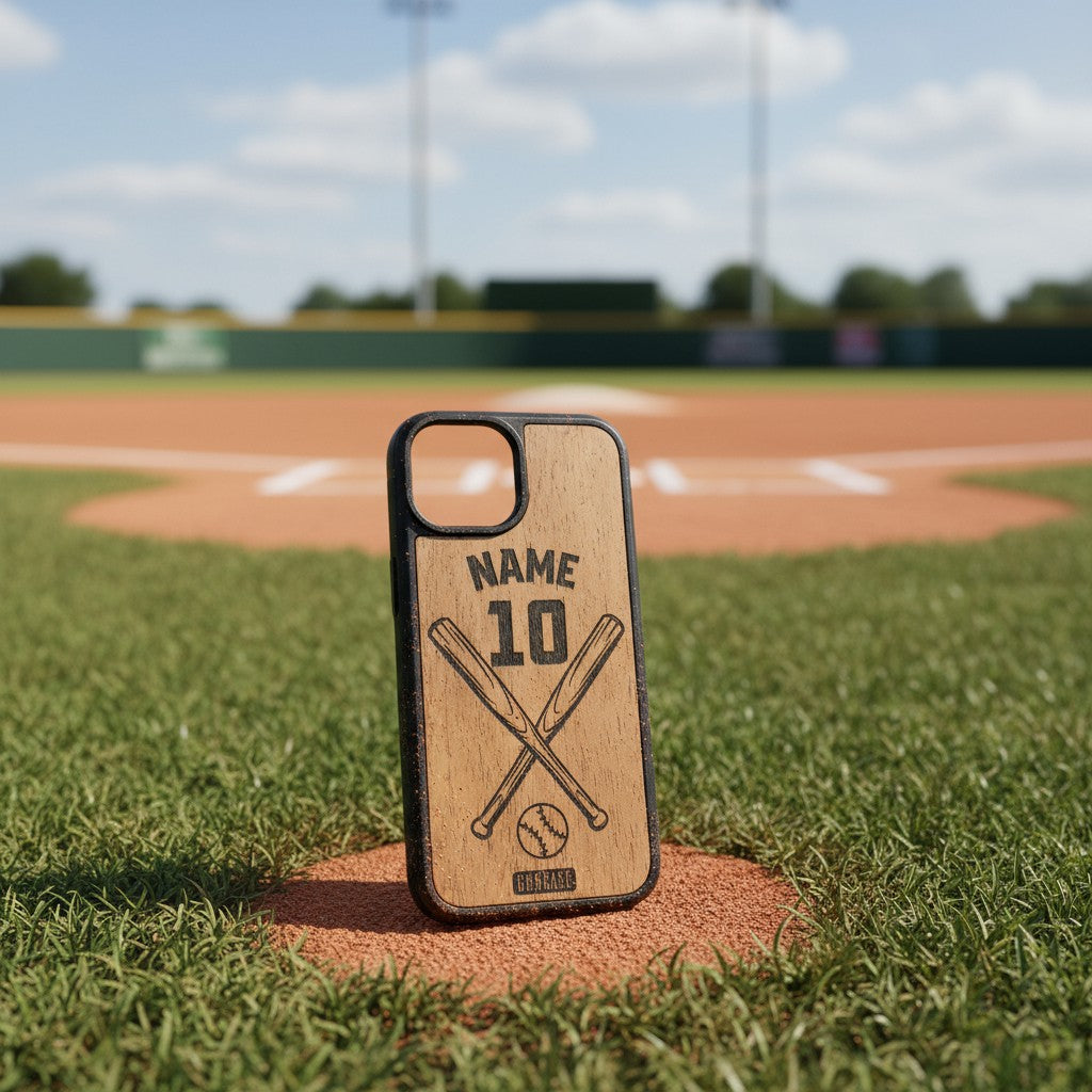 Personalized baseball bats and ball wood phone case – custom engraved GR8CASE with player name and number, fits iPhone, Samsung, Pixel, Motorola