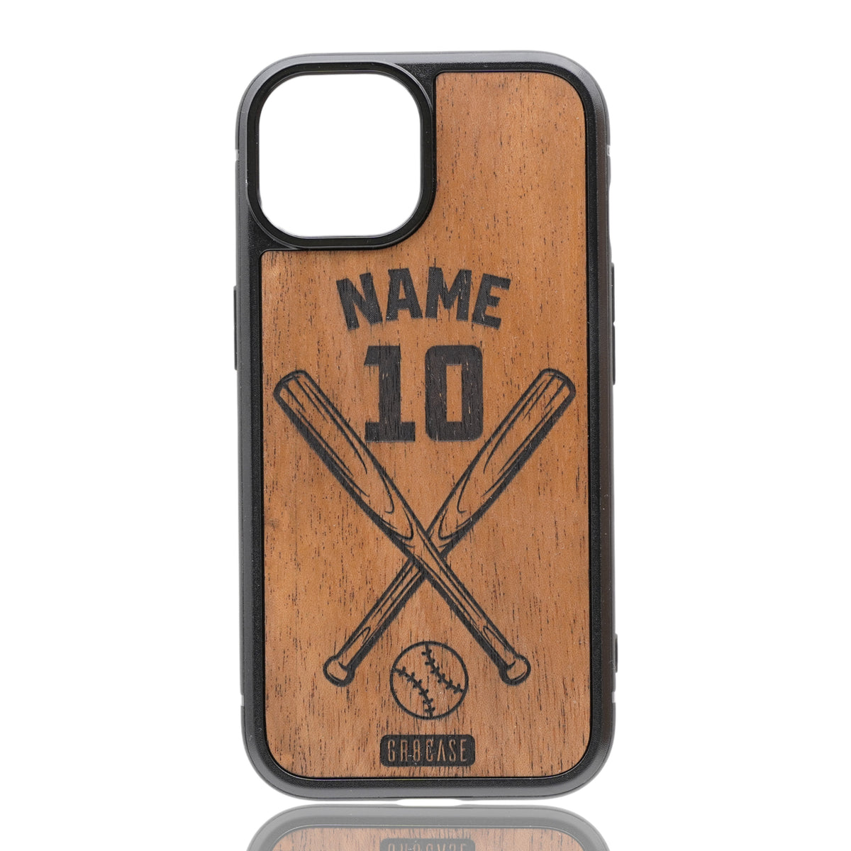 Personalized baseball bats and ball wood phone case – custom engraved GR8CASE with player name and number, fits iPhone, Samsung, Pixel, Motorola