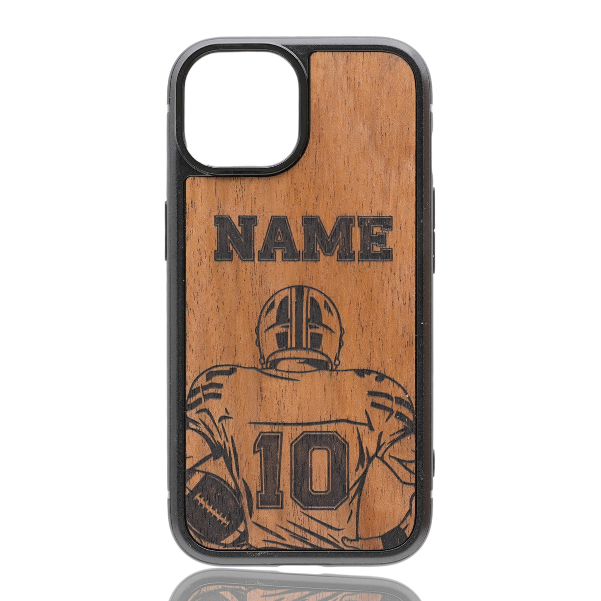Personalized football jersey wood phone case – custom engraved GR8CASE with player name and number, fits iPhone, Samsung, Pixel, Motorola