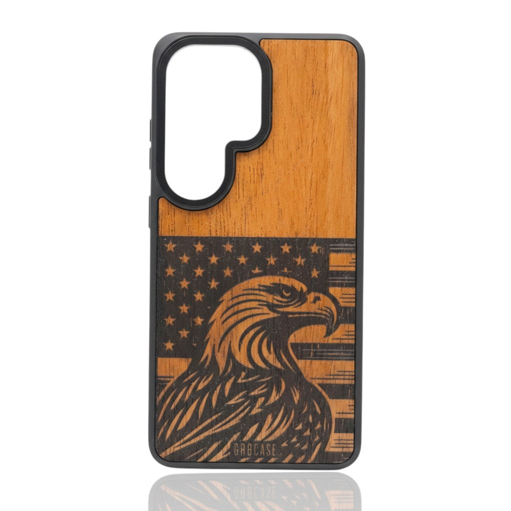 Hand-finished wood phone case featuring a powerful bald eagle profile over a laser-etched American flag.
