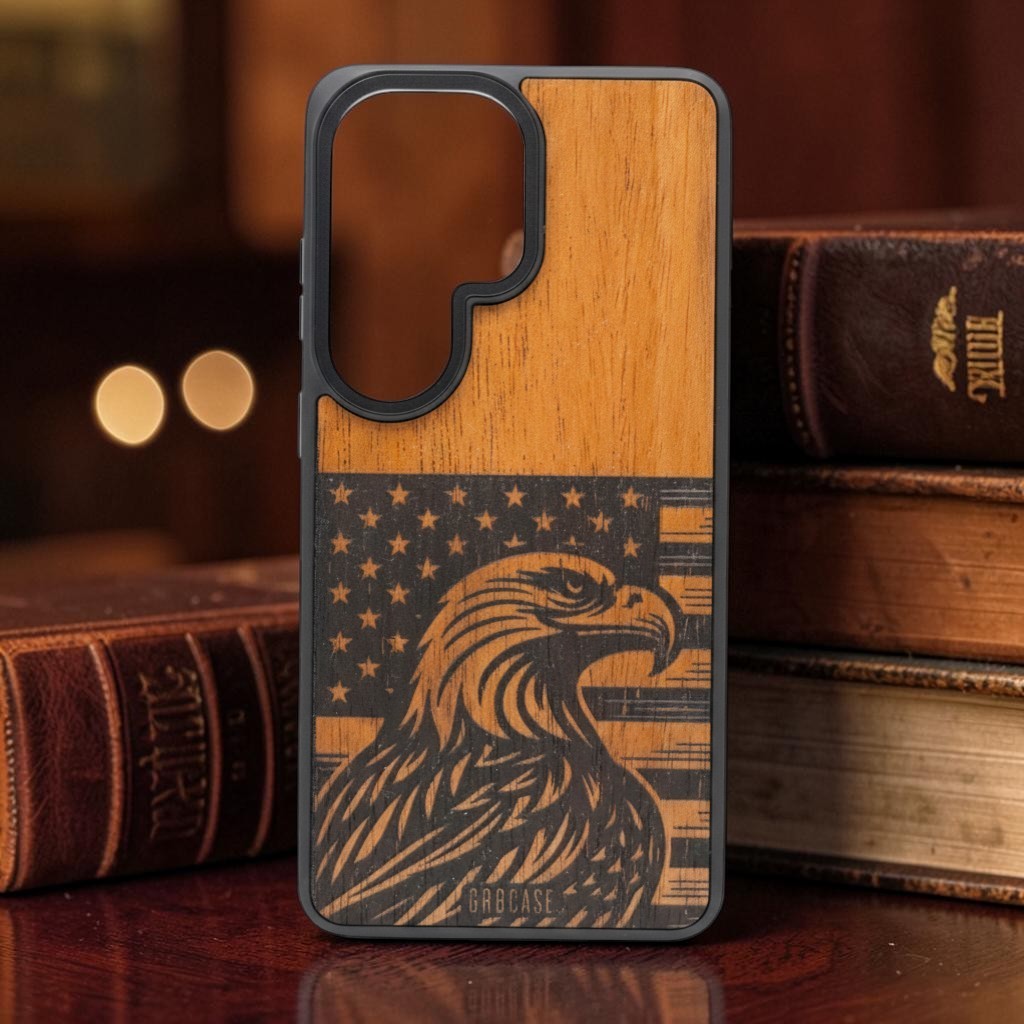 The Sovereign Sentinel | Eagle &amp; American Flag | GR8CASE Wood Phone Case