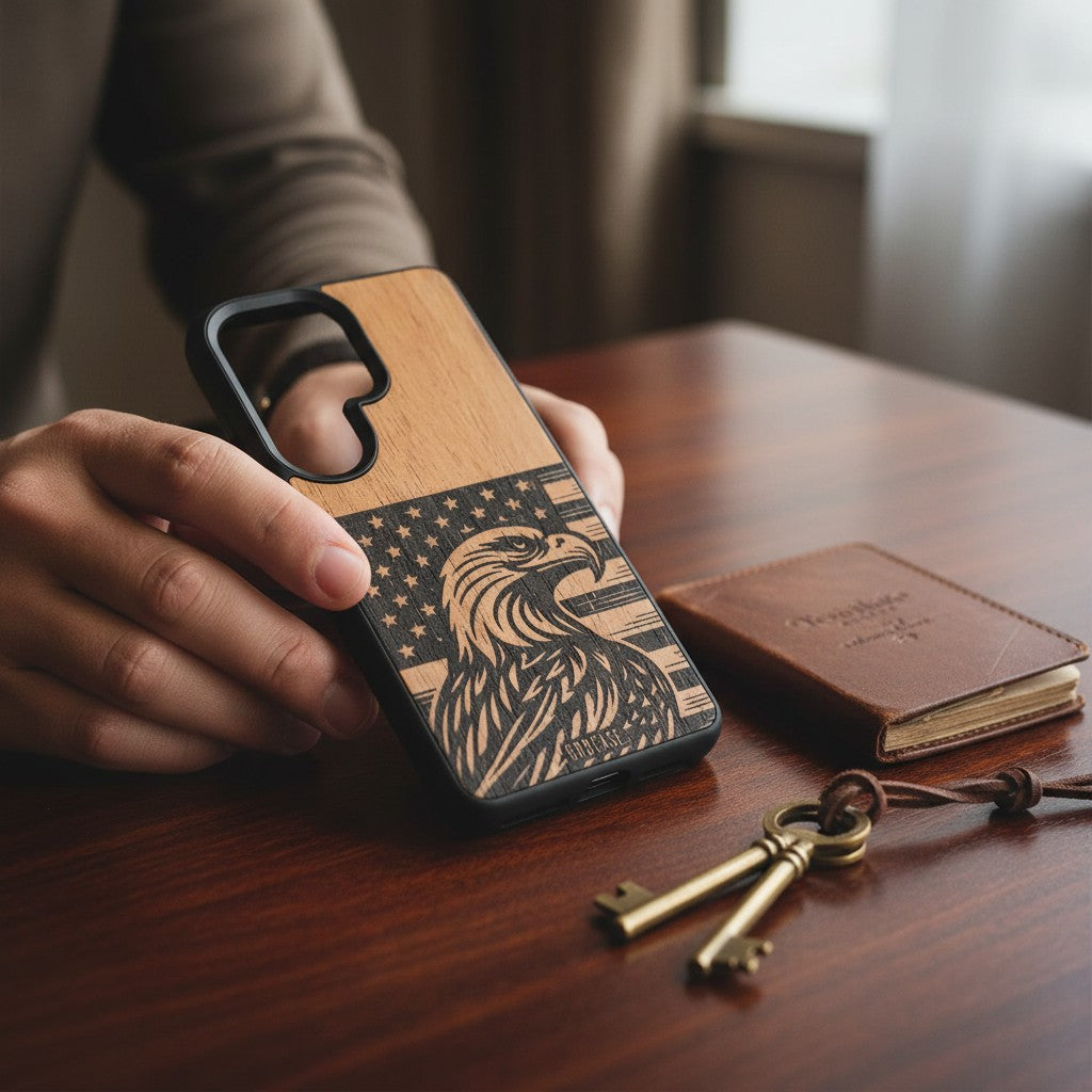 The Sovereign Sentinel | Eagle &amp; American Flag | GR8CASE Wood Phone Case