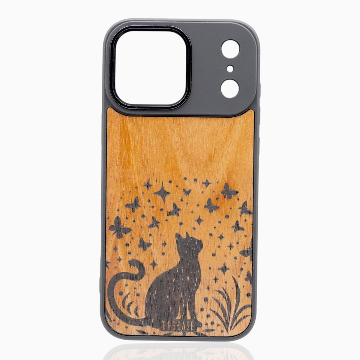 Hand-finished wood phone case featuring a celestial cat silhouette looking up at butterflies and twinkling stars.