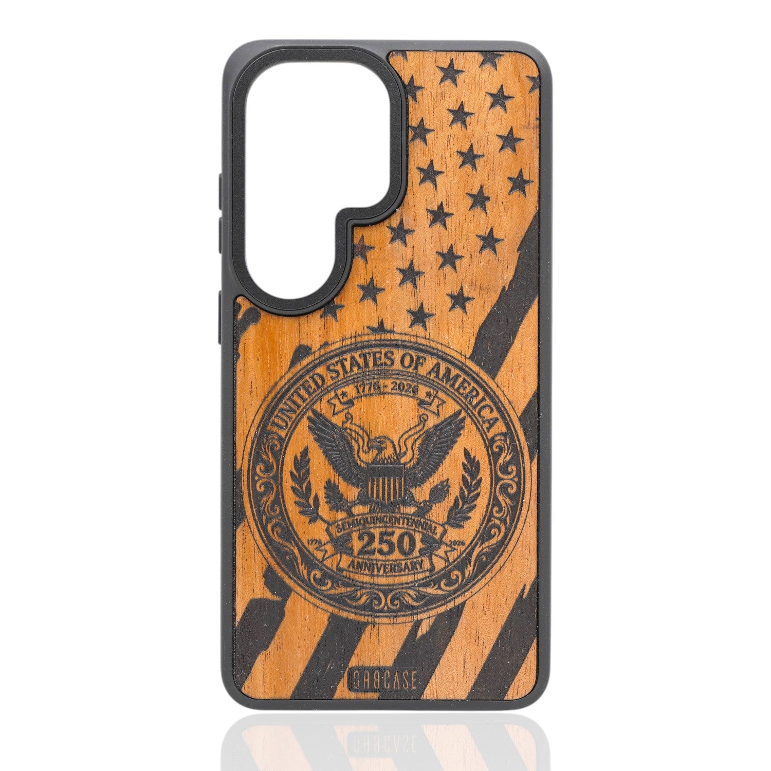 Hand-finished wood phone case featuring the United States 250th Anniversary Semiquincentennial seal with stars and stripes engraving.