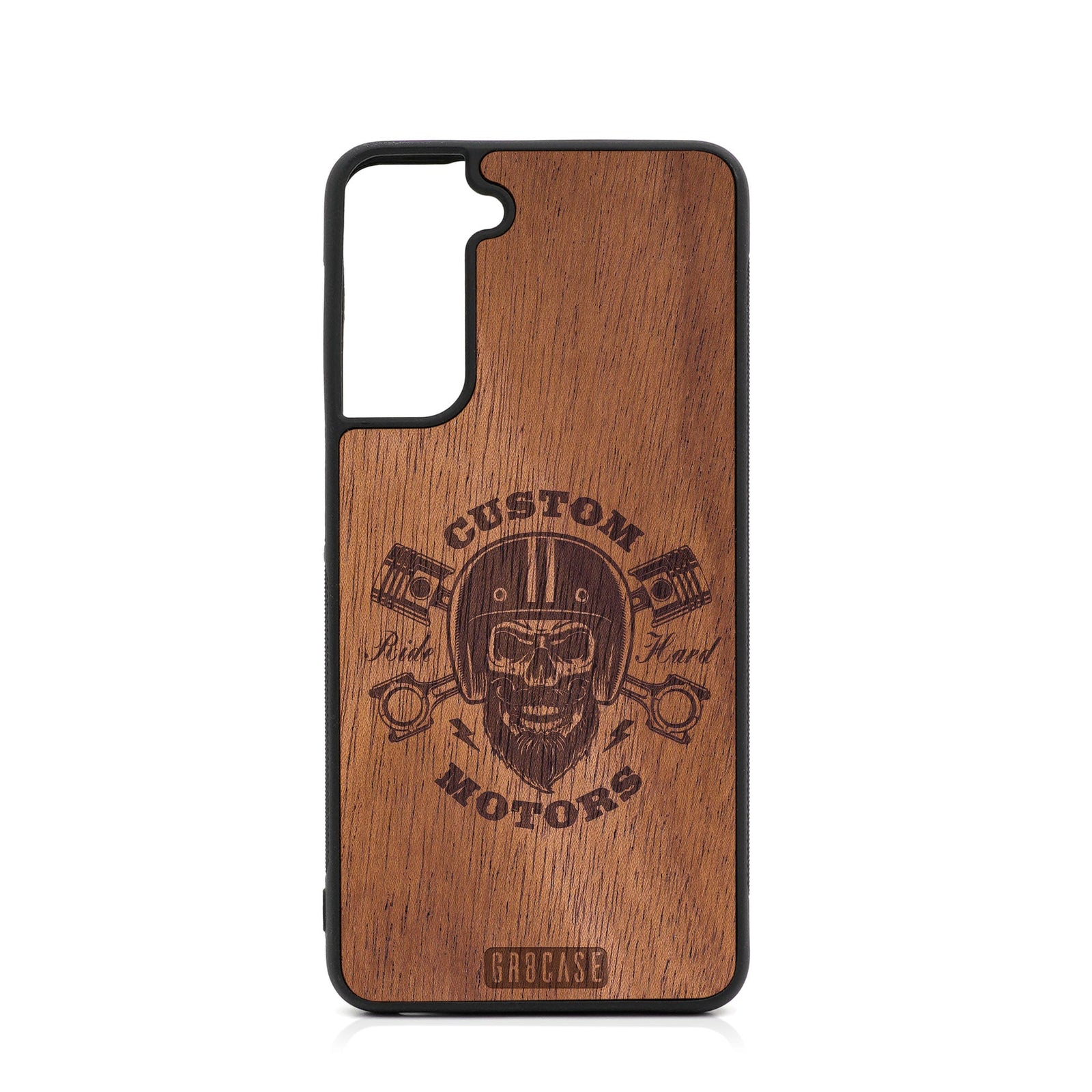 Custom Motors (Bearded Biker Skull) Design Wood Case For Samsung Galaxy S22 Plus