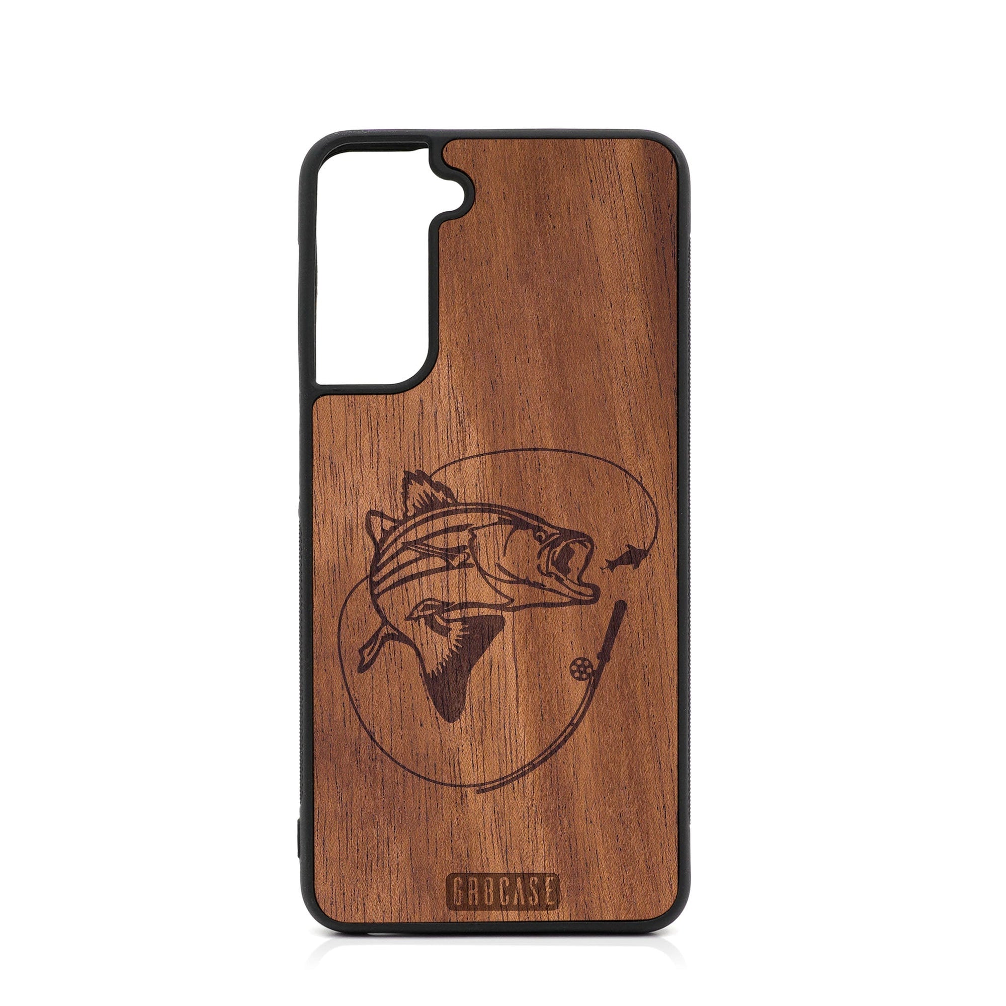 Fish and Reel Design Wood Case For Samsung Galaxy S23 Plus