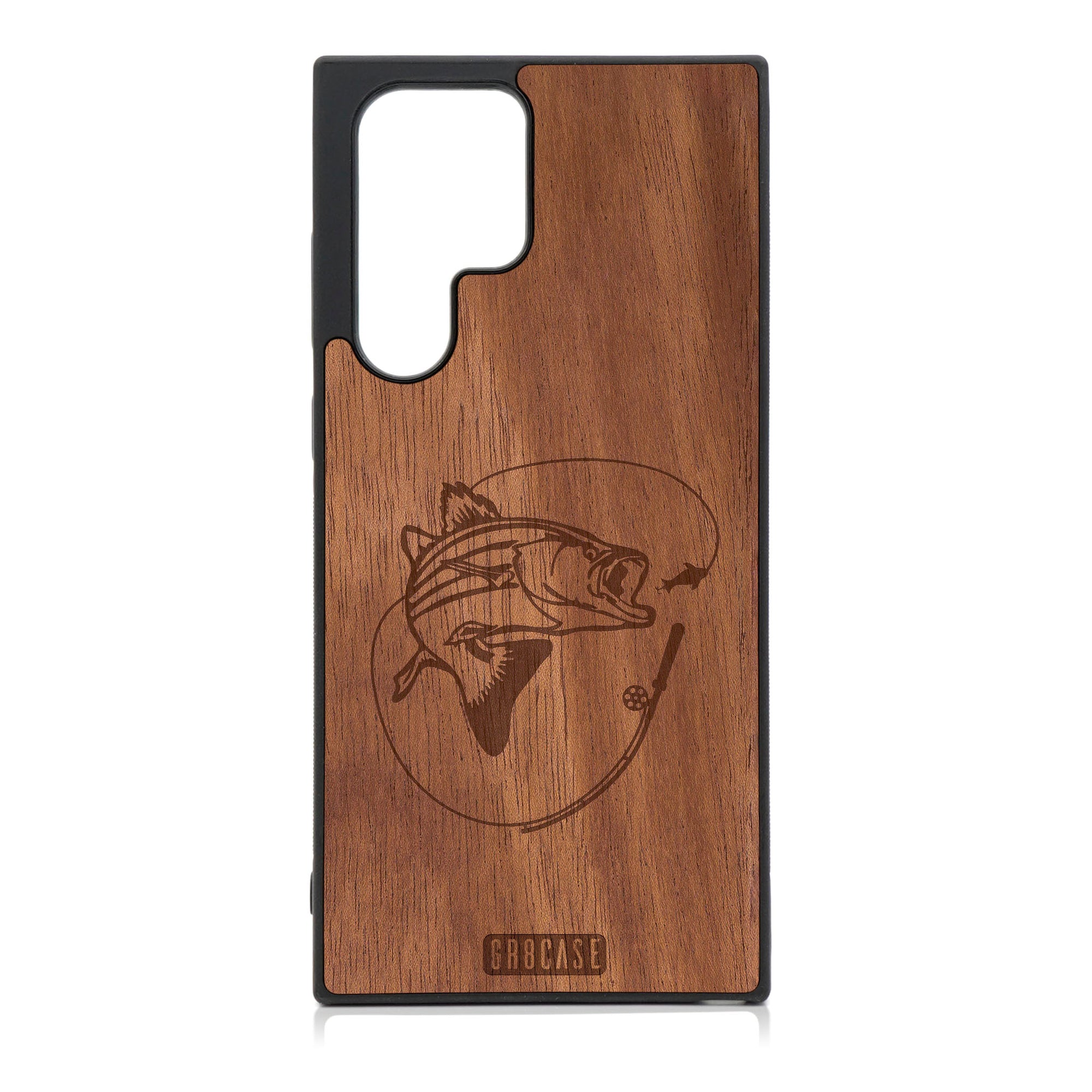 Fish and Reel Design Wood Case For Galaxy S22 Ultra