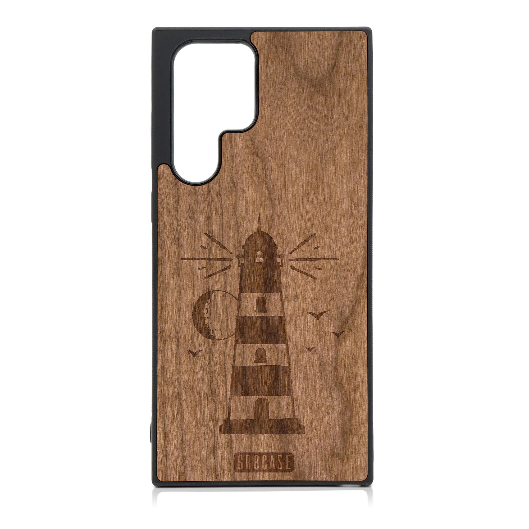 Midnight Lighthouse Design Wood Case For Galaxy S22 Ultra
