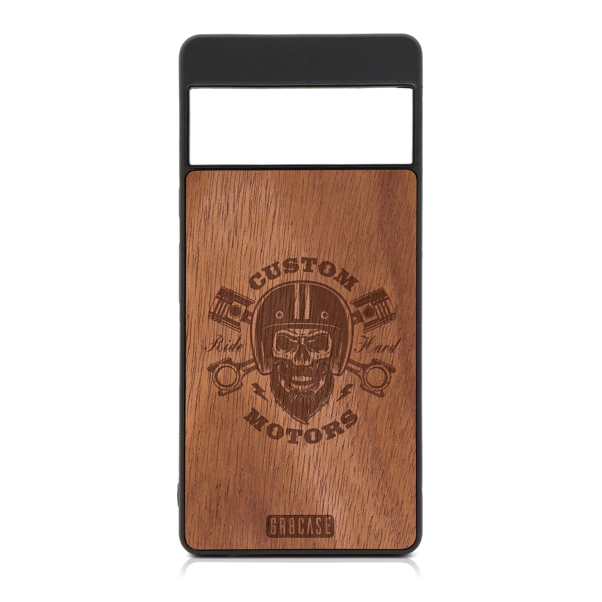 Custom Motors (Bearded Biker Skull) Design Wood Case For Google Pixel 7 Pro