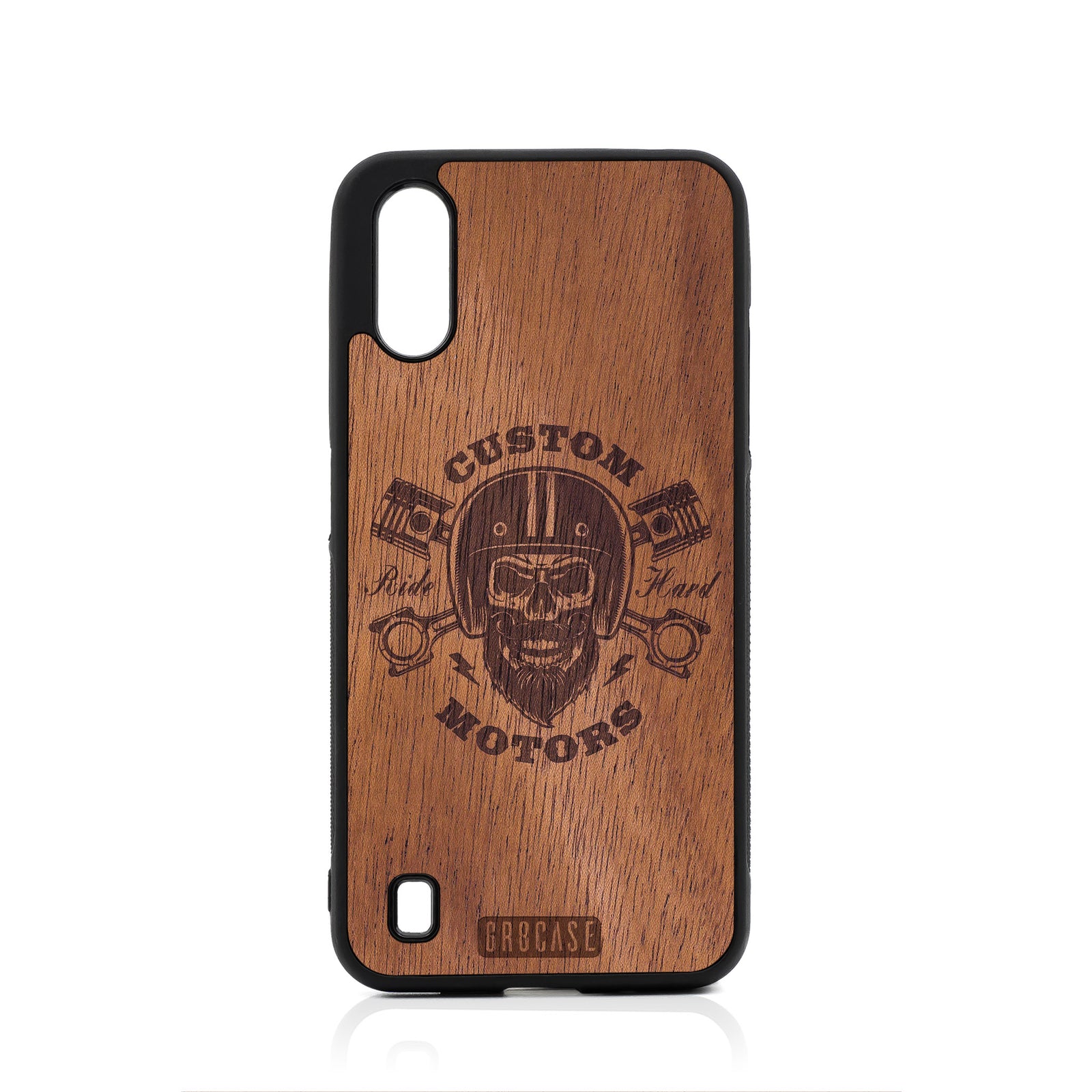 Custom Motors (Bearded Biker Skull) Design Wood Case For Samsung Galaxy A01