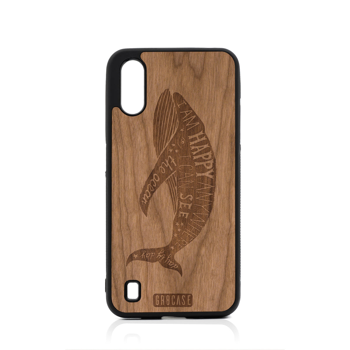 I&#39;m Happy Anywhere I Can See The Ocean (Whale) Design Wood Case For Samsung Galaxy A01