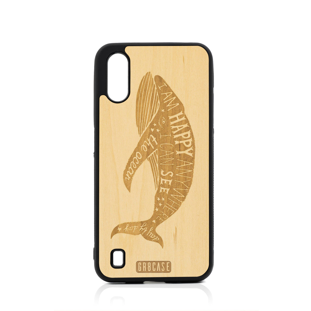 I&#39;m Happy Anywhere I Can See The Ocean (Whale) Design Wood Case For Samsung Galaxy A01