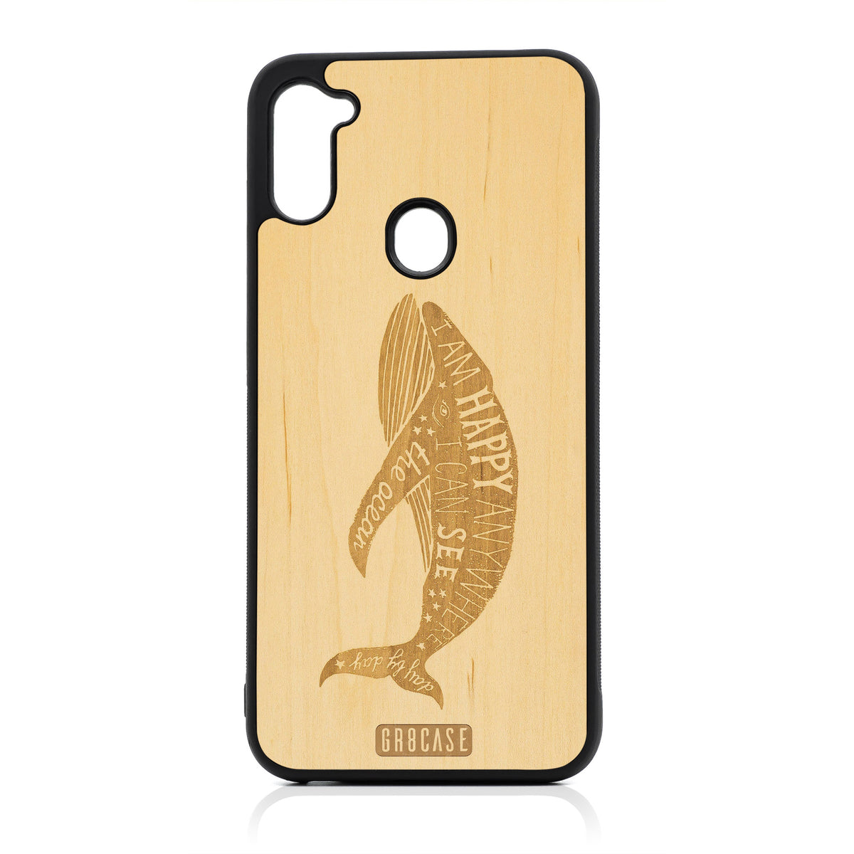 I&#39;m Happy Anywhere I Can See The Ocean (Whale) Design Wood Case For Samsung Galaxy A11