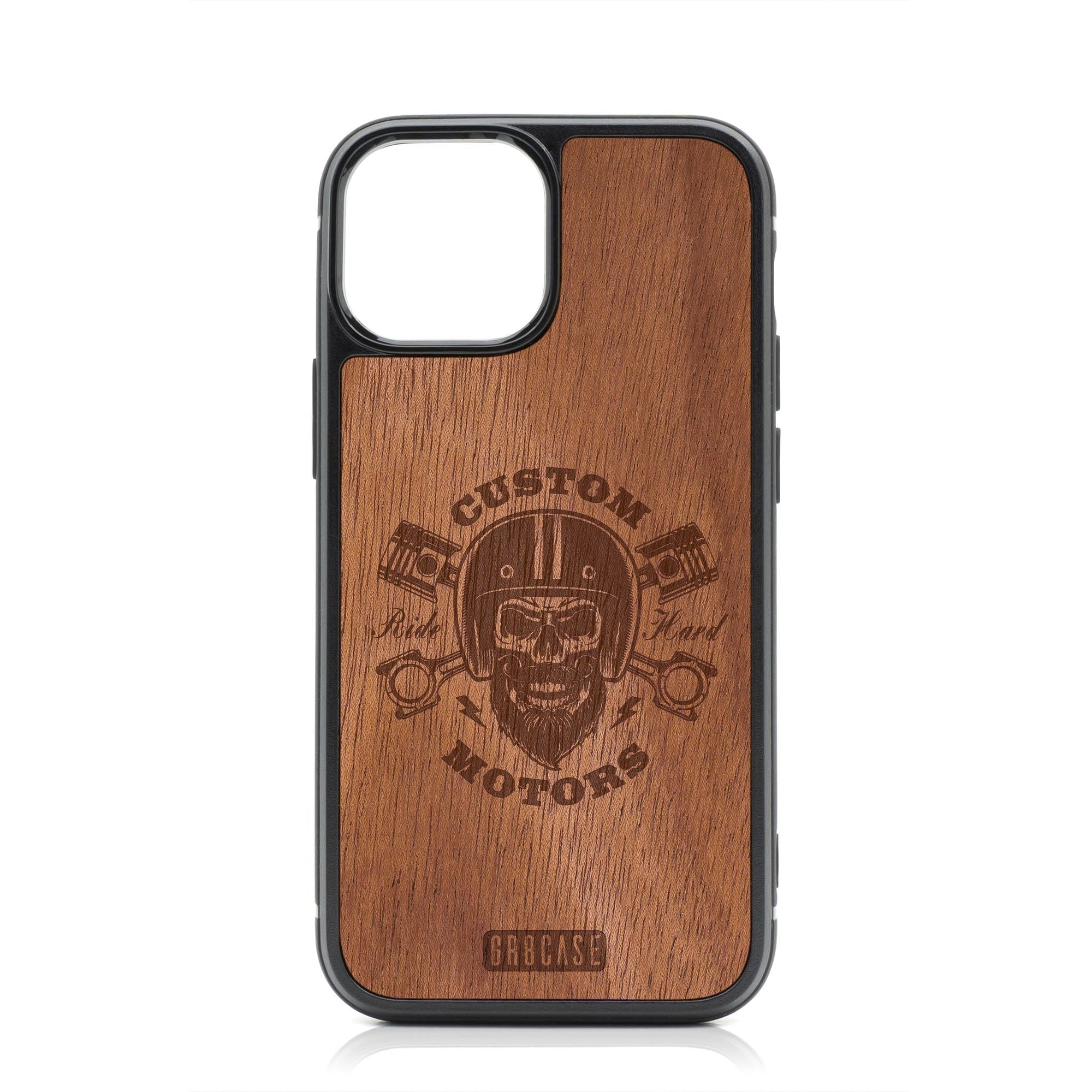 Custom Motors (Bearded Biker Skull) Design Wood Case For iPhone 15 Plus