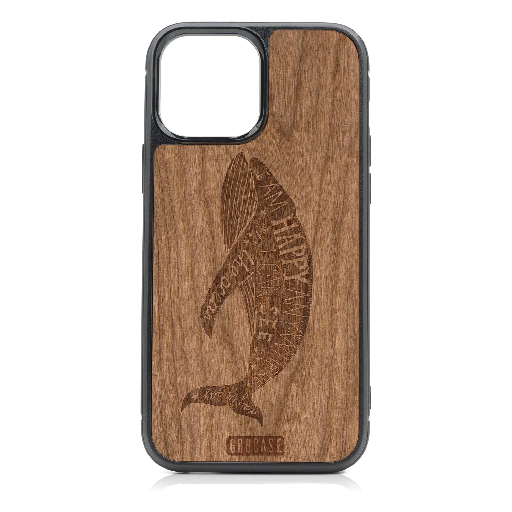 Happy Anywhere I Can See The Ocean (Whale) Design Wood Case For iPhone 14 Pro Max