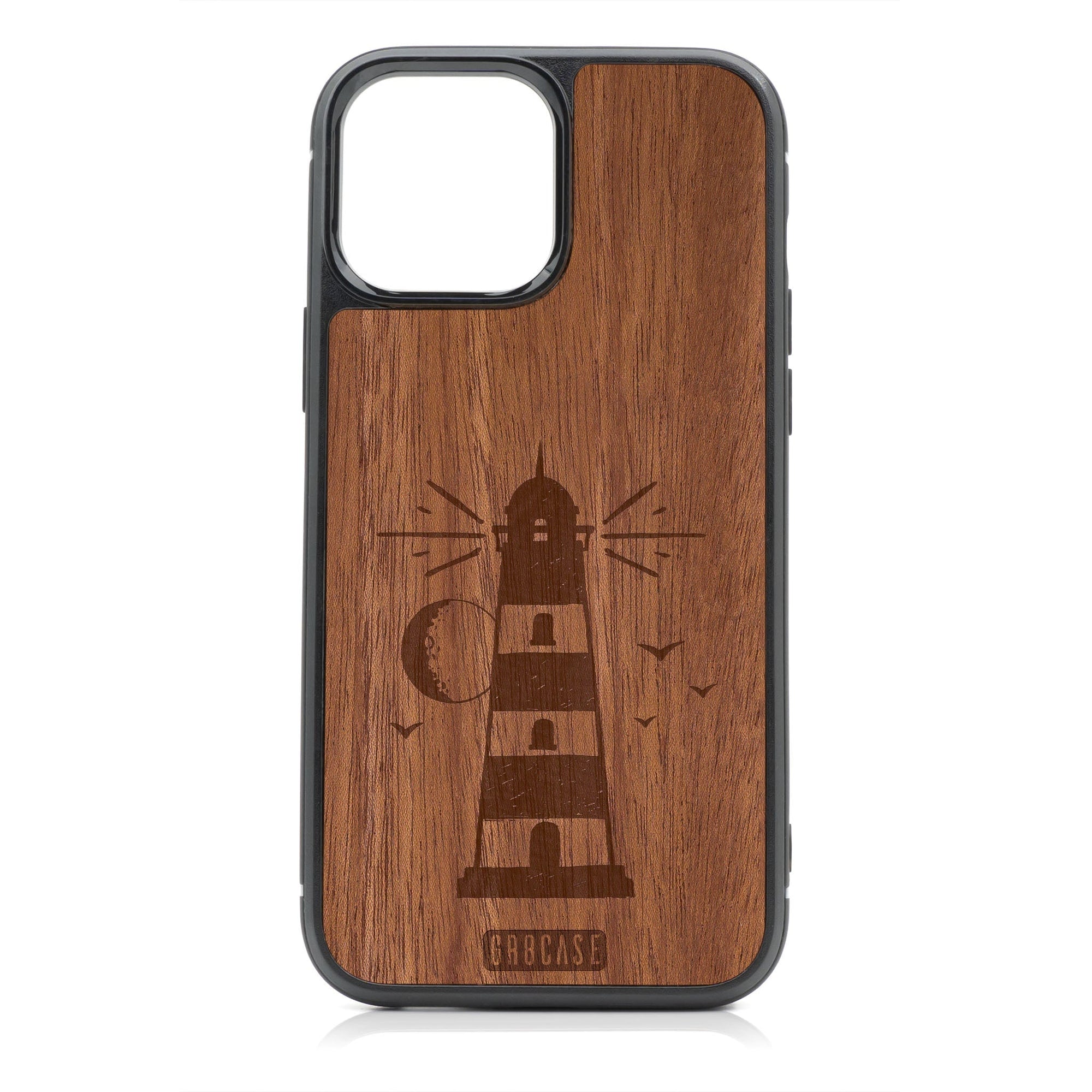 Midnight Lighthouse Design Wood Case For iPhone 15 Pro Max