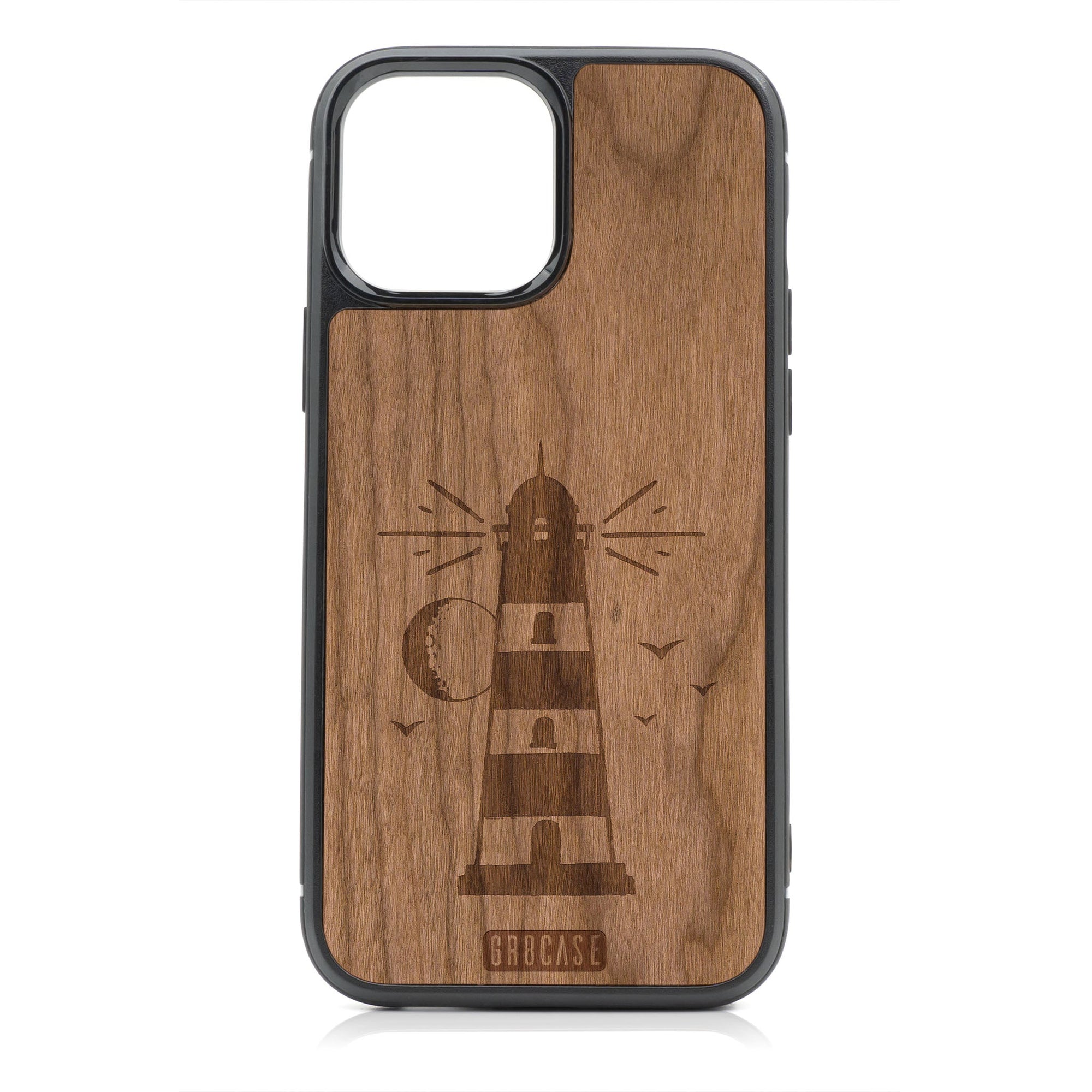 Midnight Lighthouse Design Wood Case For iPhone 14 Pro Max