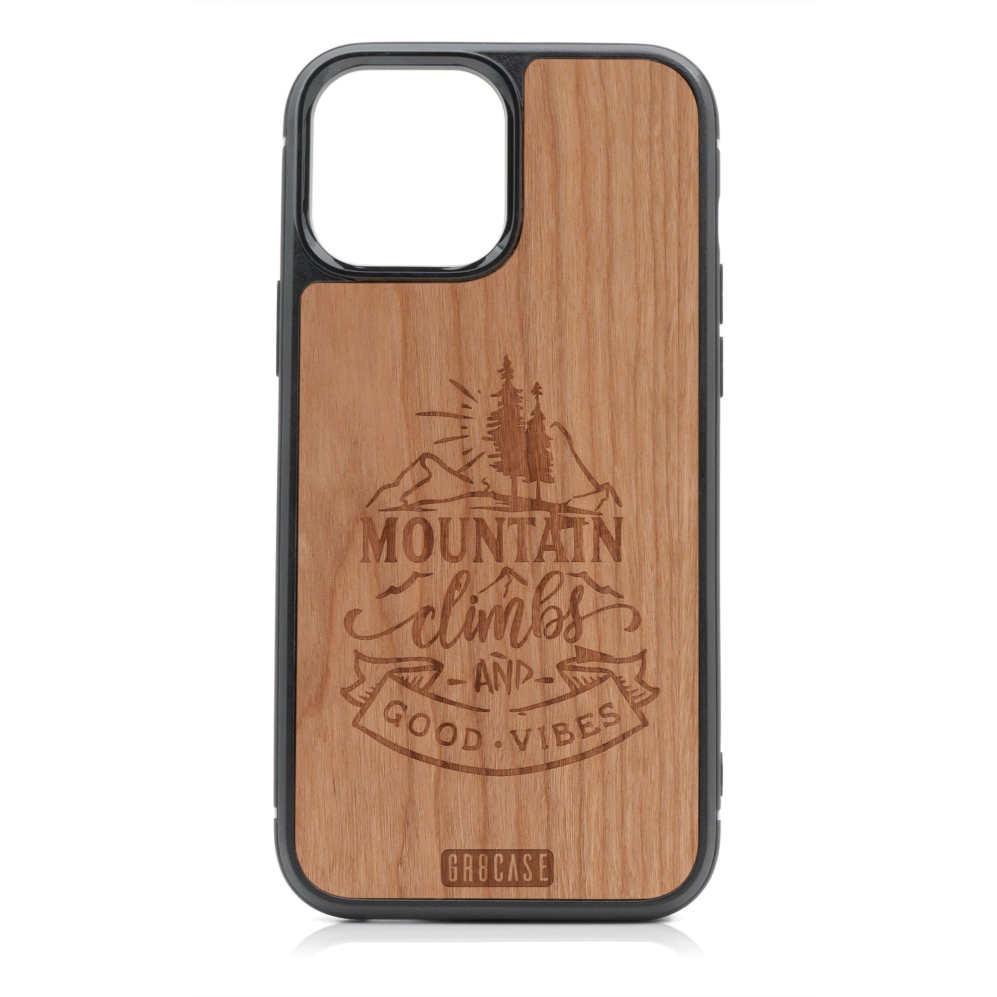 Mountain Climb Good Vibes Design Wood Case For iPhone 14 Pro Max