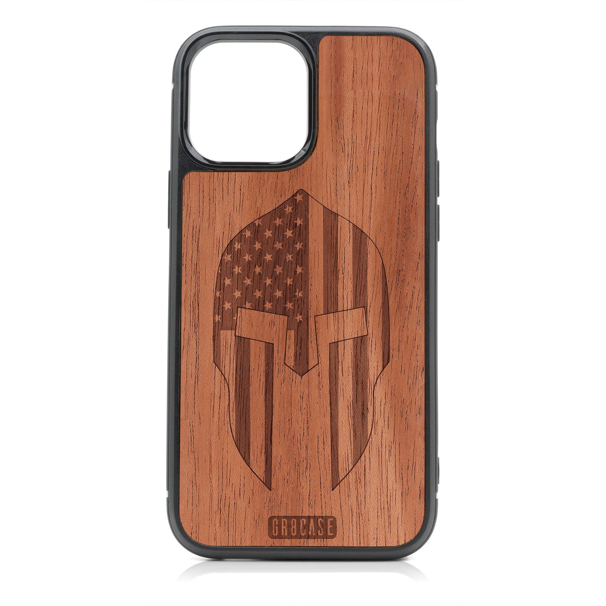 USA Spartan Helmet Design Wood Case For iPhone 14 Pro Max