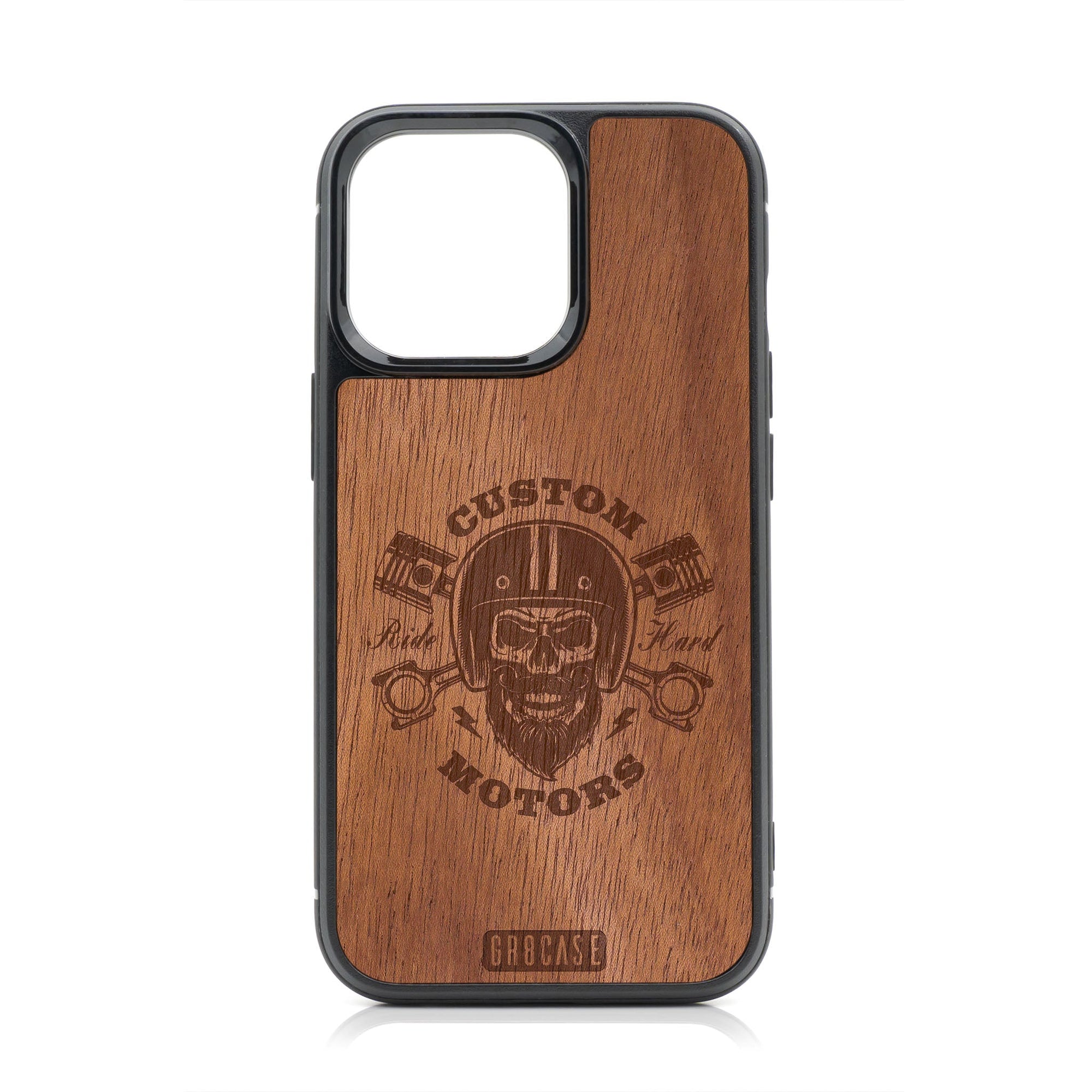 Custom Motors (Bearded Biker Skull) Design Wood Case For iPhone 14 Pro