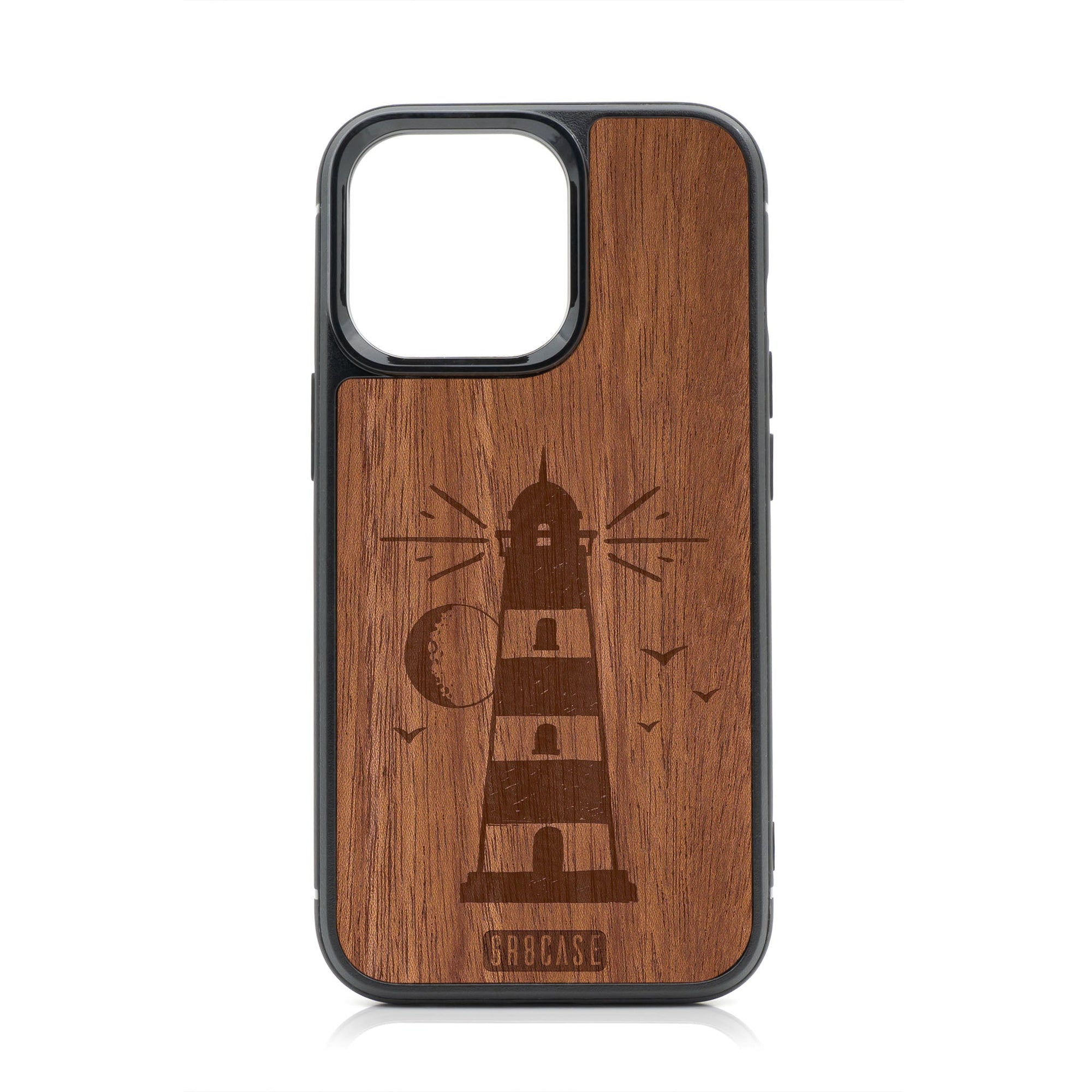 Midnight Lighthouse Design Wood Case For iPhone 14 Pro