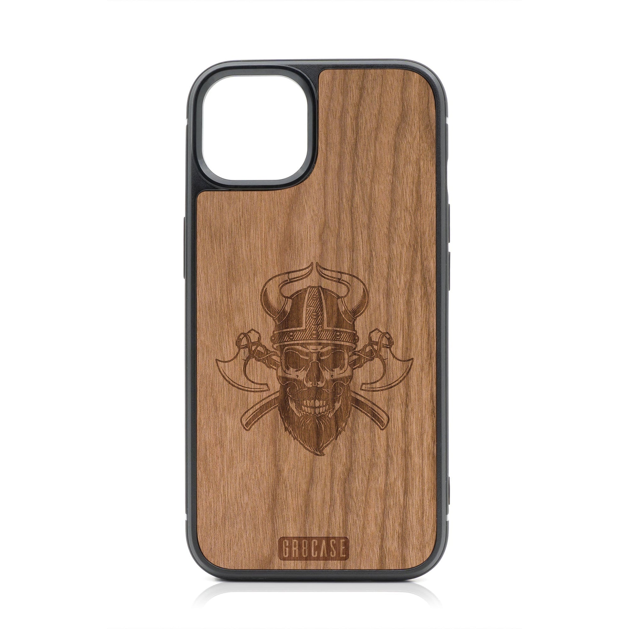 Viking Skull Design Wood Case For iPhone 15