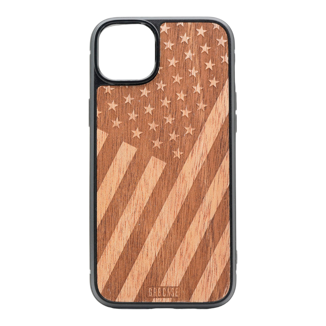 Tilted American Flag Design Wood Case For iPhone 15 Plus