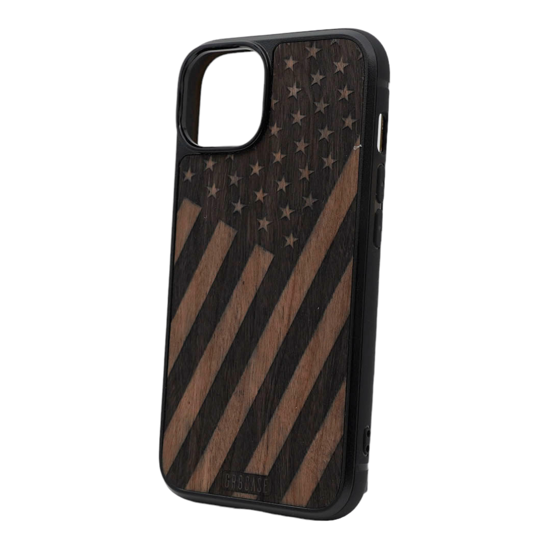 Tilted American Flag Design Wood Case For iPhone 15 Plus