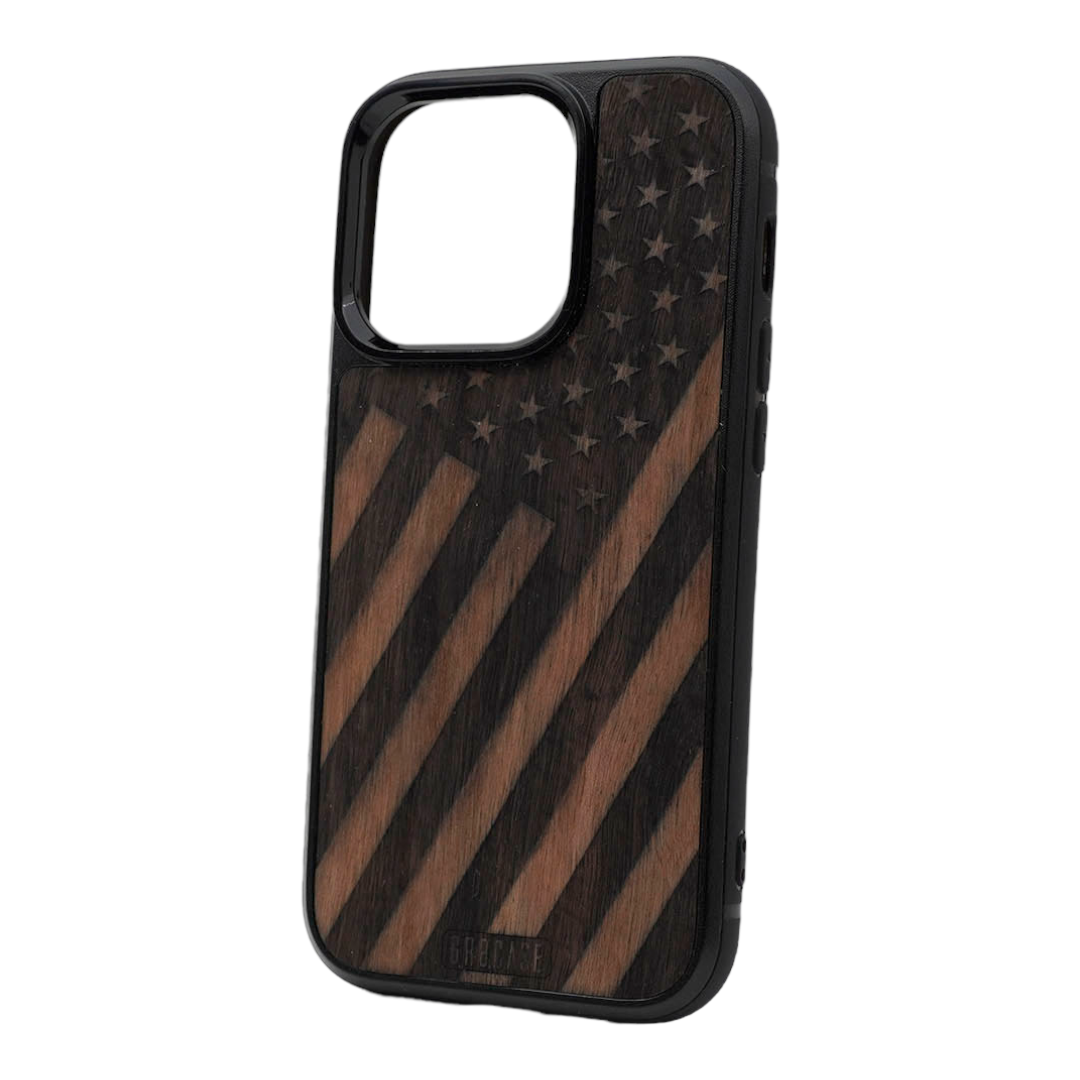 Tilted American Flag Design Wood Case For iPhone 15 Pro