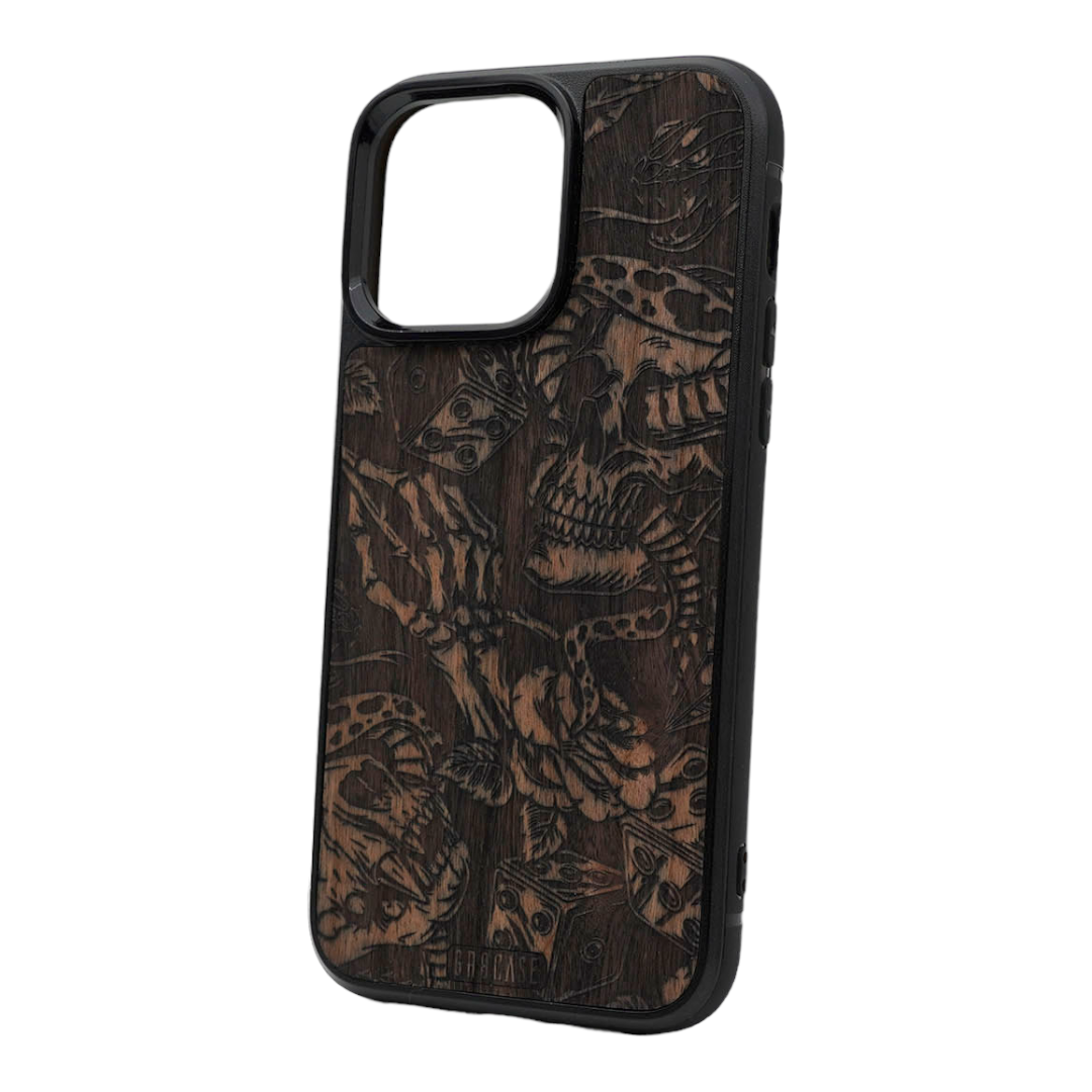 Dice Snake Skulls Design Wood Case For iPhone 15 Pro Max