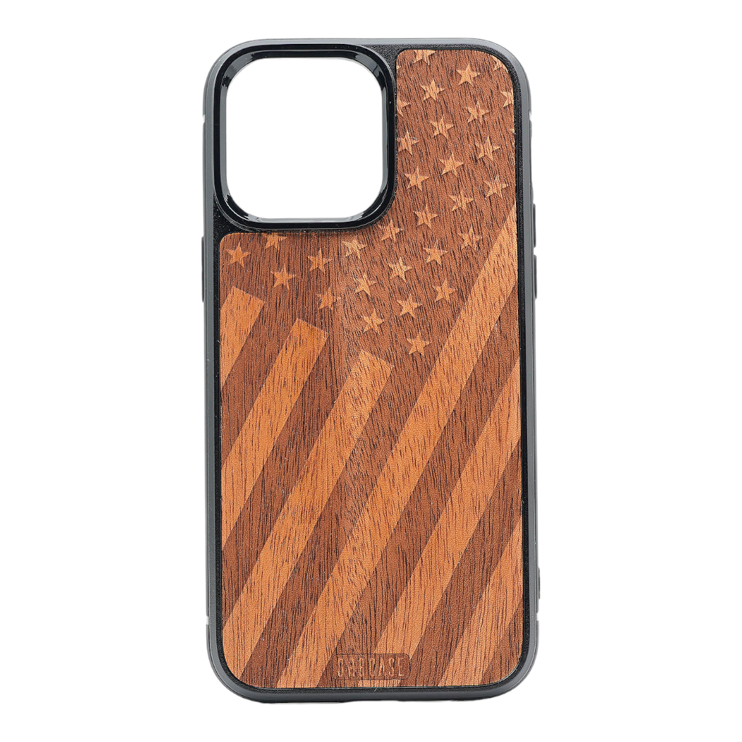 Tilted American Flag Design Wood Case For iPhone 15 Pro Max