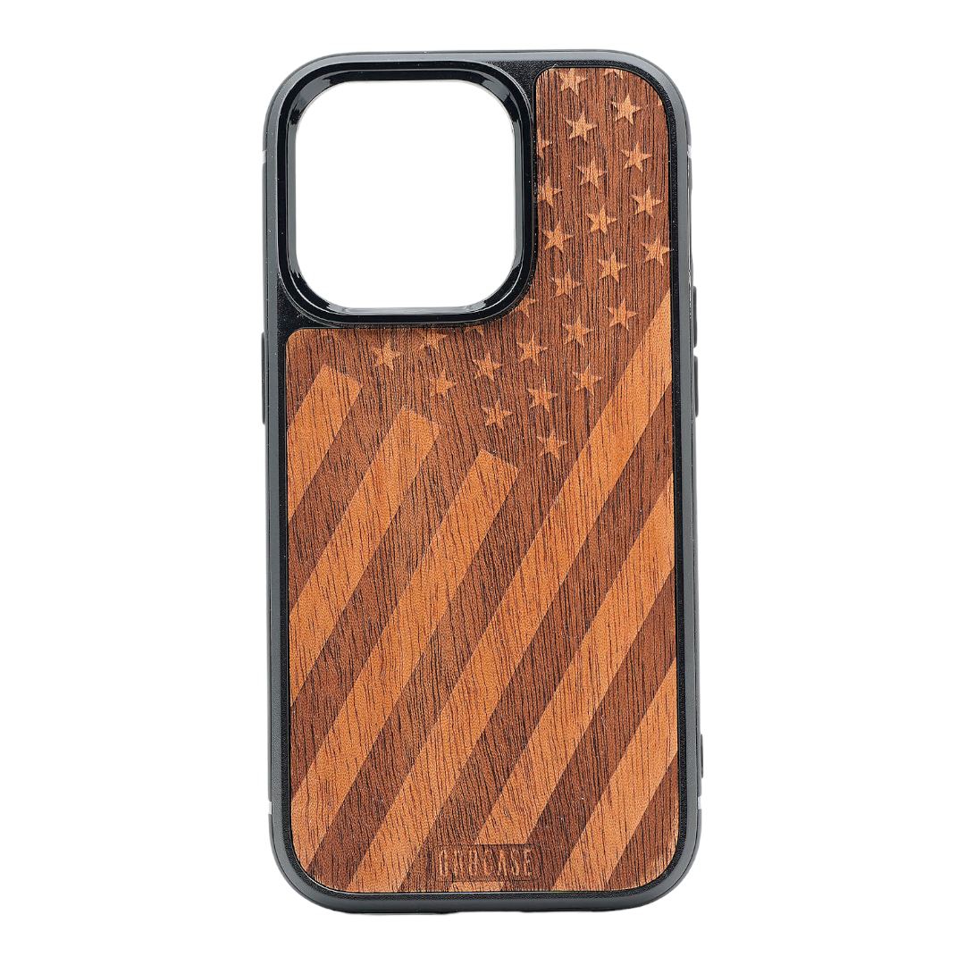 Tilted American Flag Design Wood Case For iPhone 15 Pro