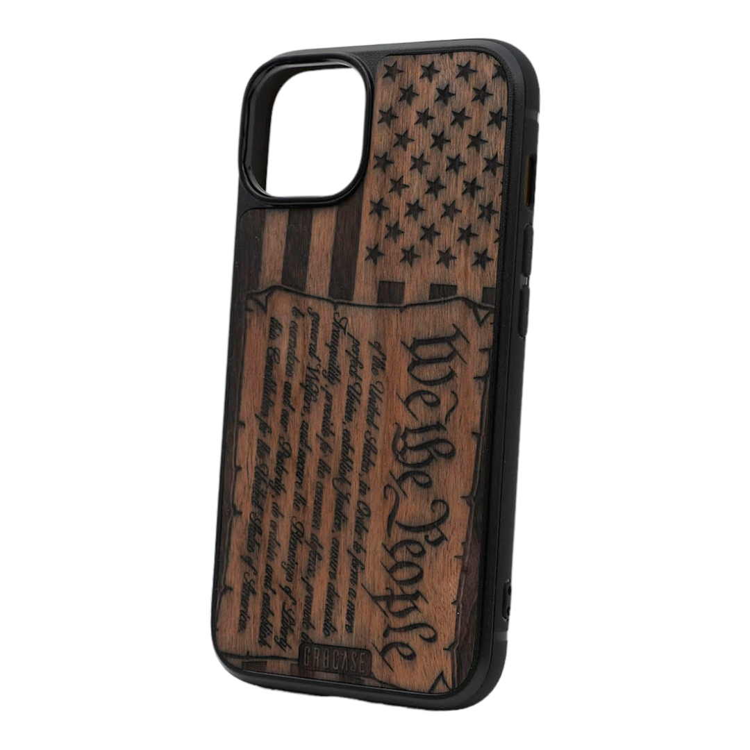 Constitution We The People On American Flag Design Wood Case For iPhone 15